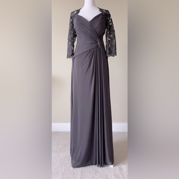 La Femme Ruched Twist Column Sweetheart Neck Lace and Crystals Maxi Gown NWOT - Picture 6 of 12